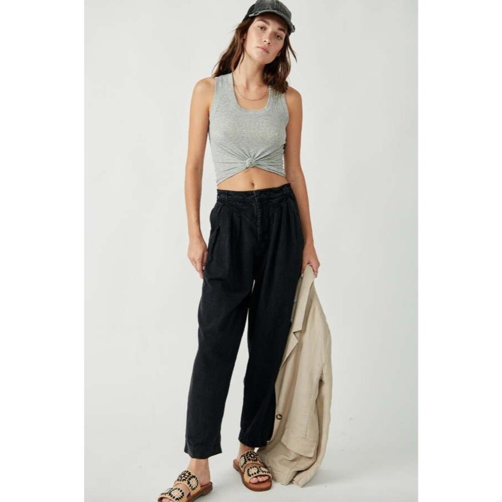 Free People Lotta Love Linen Trousers Pants Black Straight Leg US 6